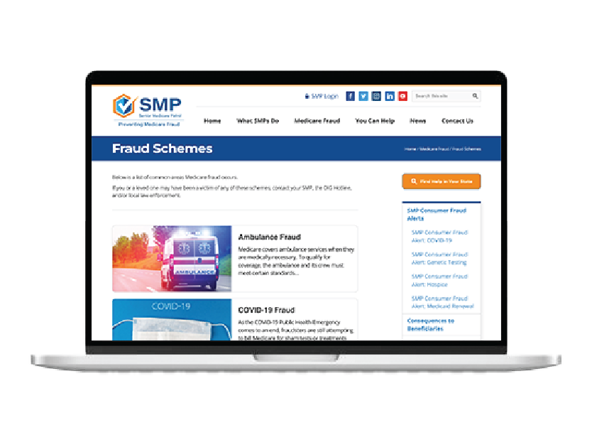 Laptop with the National SMP Fraud Schemes webpage.
